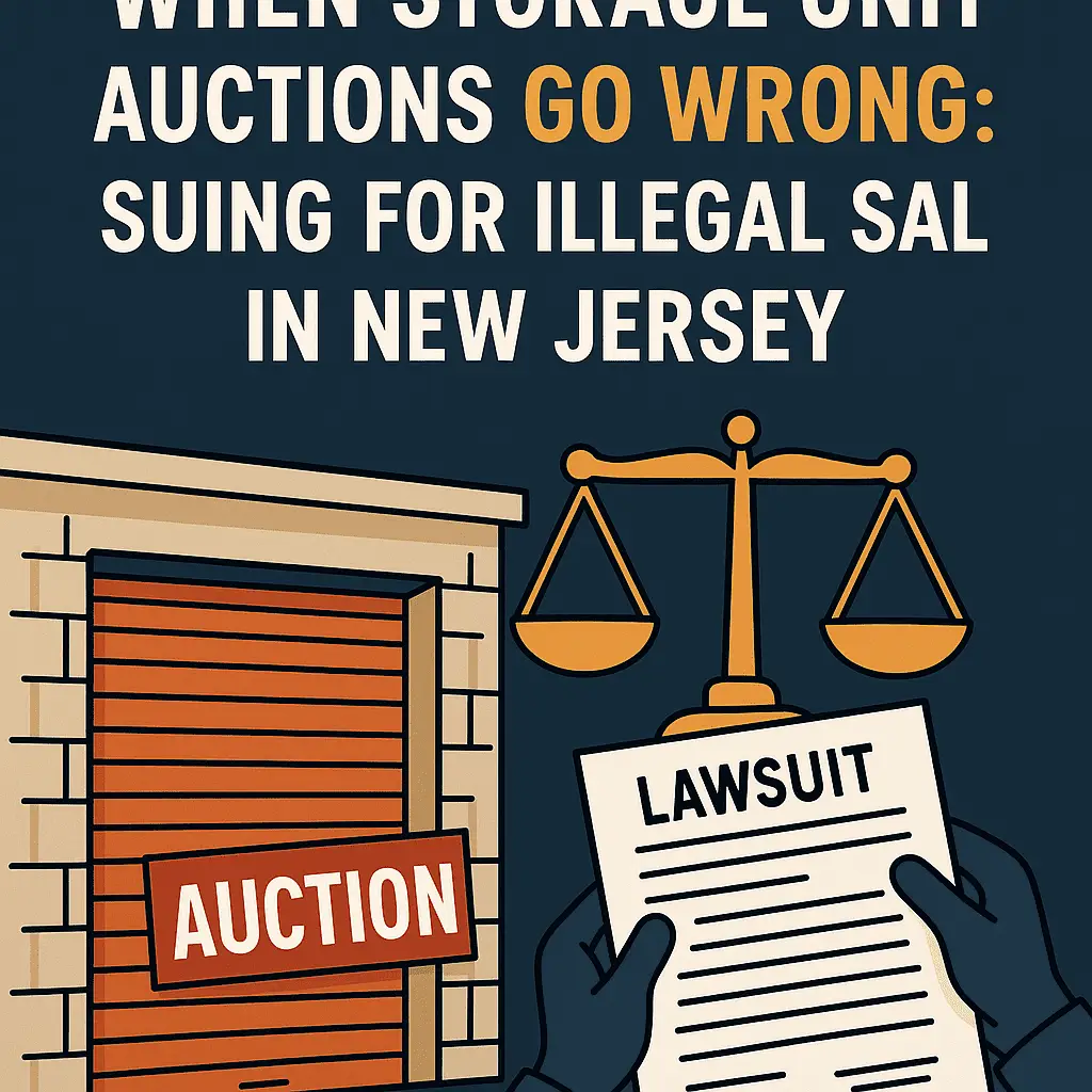 Locked storage unit with auction tag and warning sign, symbolizing illegal sales and tenant rights under New Jersey self-storage law.