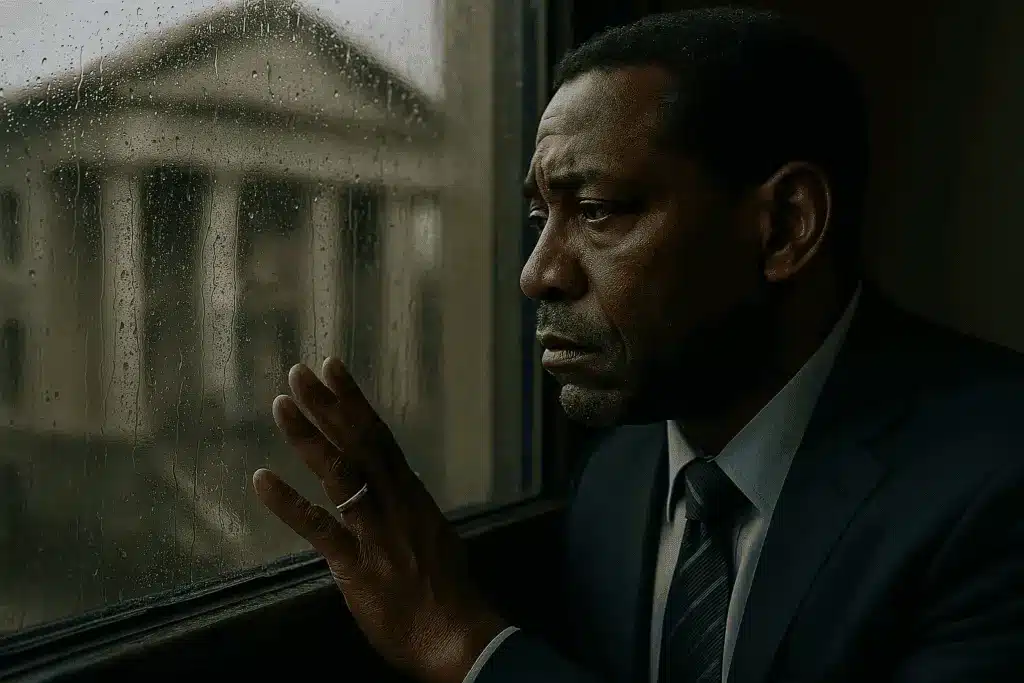 A Black man in a suit looks out a rain-covered window toward a courthouse, symbolizing the emotional burden of being falsely accused of domestic violence.