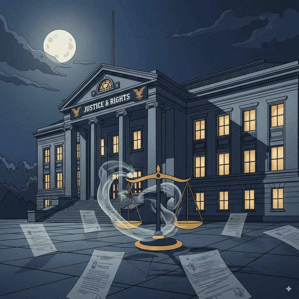 Scales of justice in front of a New Jersey courthouse symbolizing malicious prosecution and police misconduct