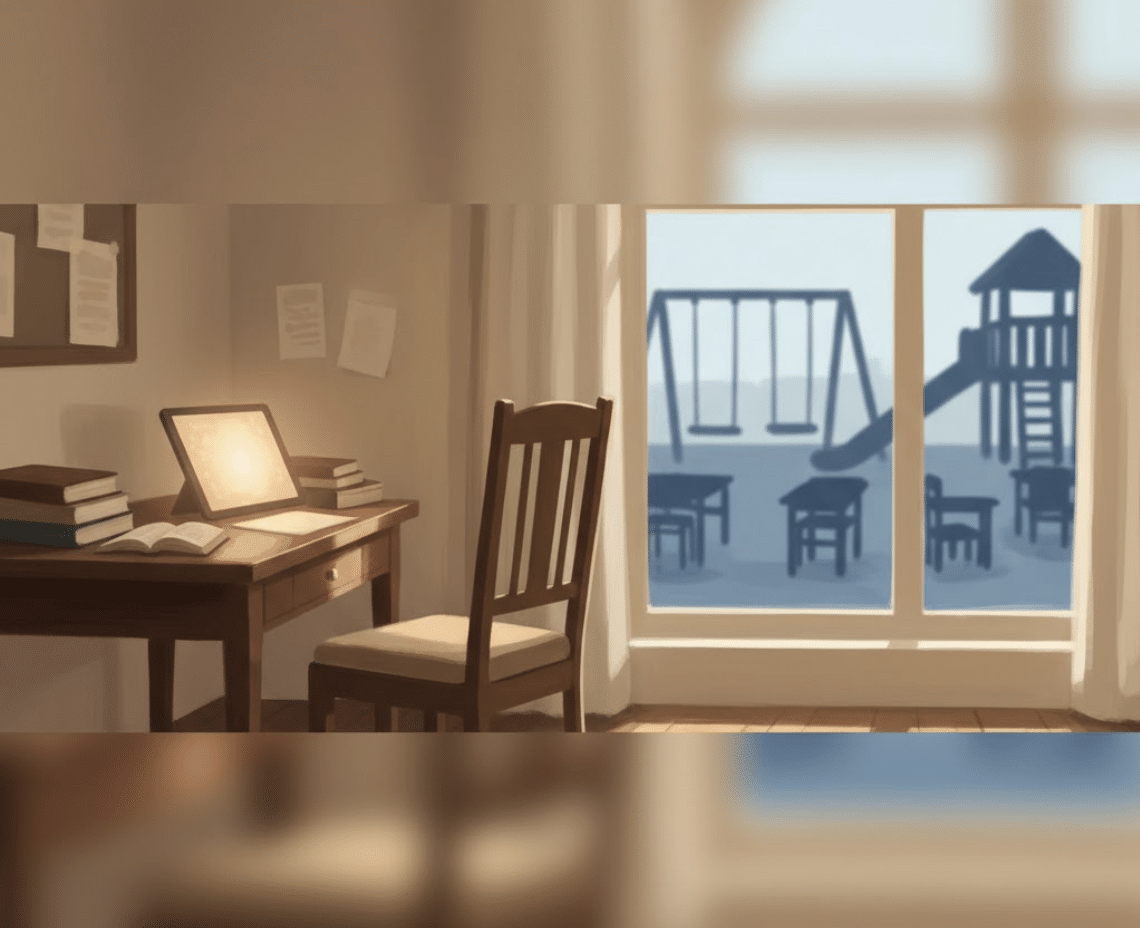 New Jersey school suspension and expulsion defense lawyers banner showing a home study desk with a glowing tablet and an empty chair by a window overlooking a blurred playground, symbolizing a suspended student learning alone.