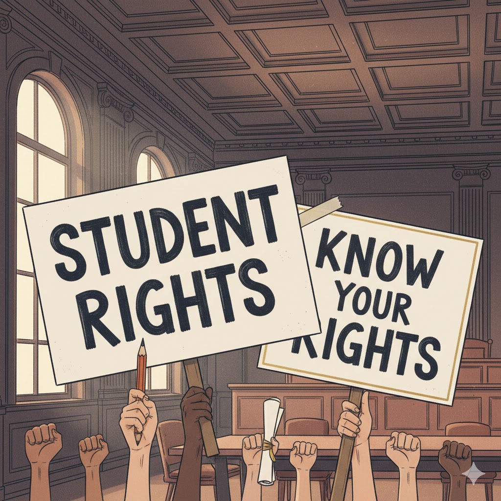 Editorial illustration of diverse students holding signs reading ‘Student Rights’ and ‘Know Your Rights’ inside a classic school hearing room, symbolizing advocacy by New Jersey student rights lawyers.
