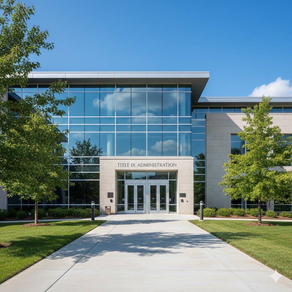 Title IX defense lawyer concept image showing a university symbolizing due process and campus defense in New Jersey Caption.