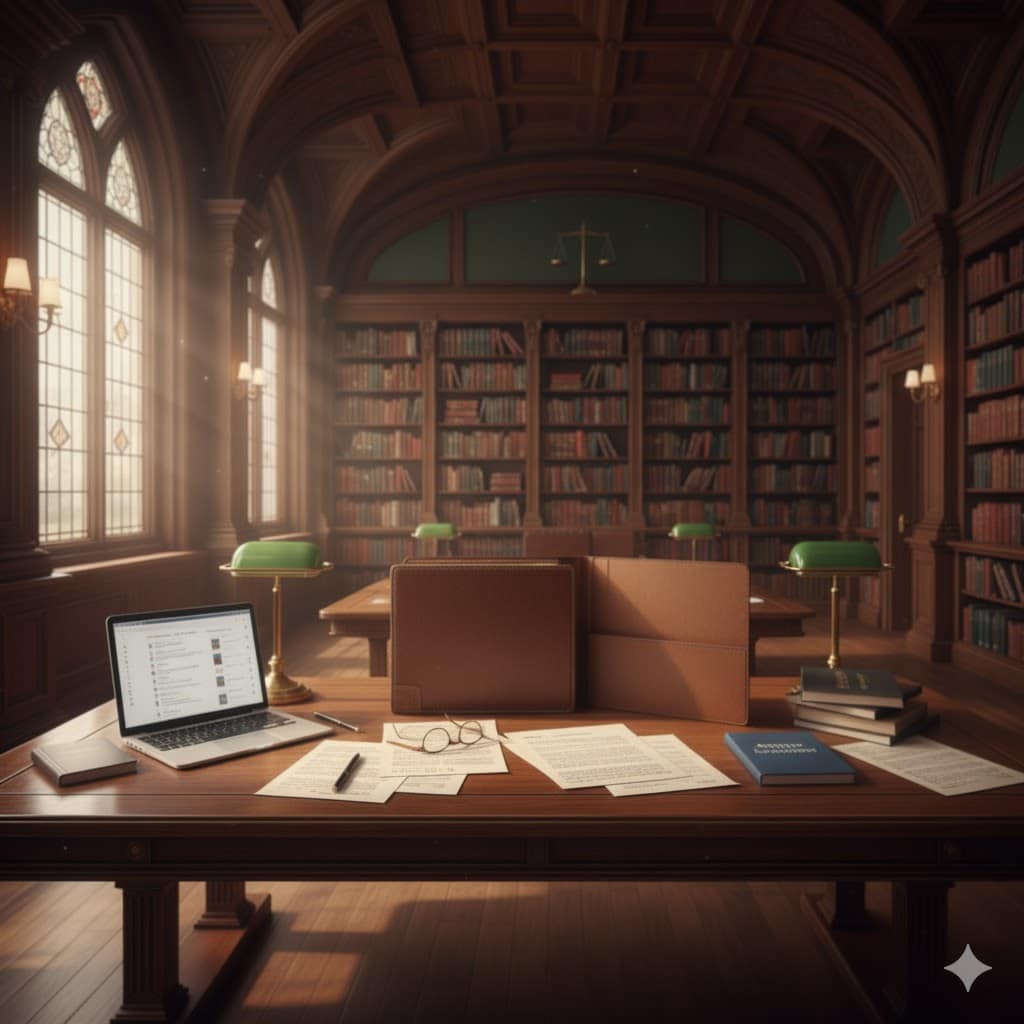 Study table in a law library with documents and laptop used by plagiarism defense lawyers during academic misconduct cases