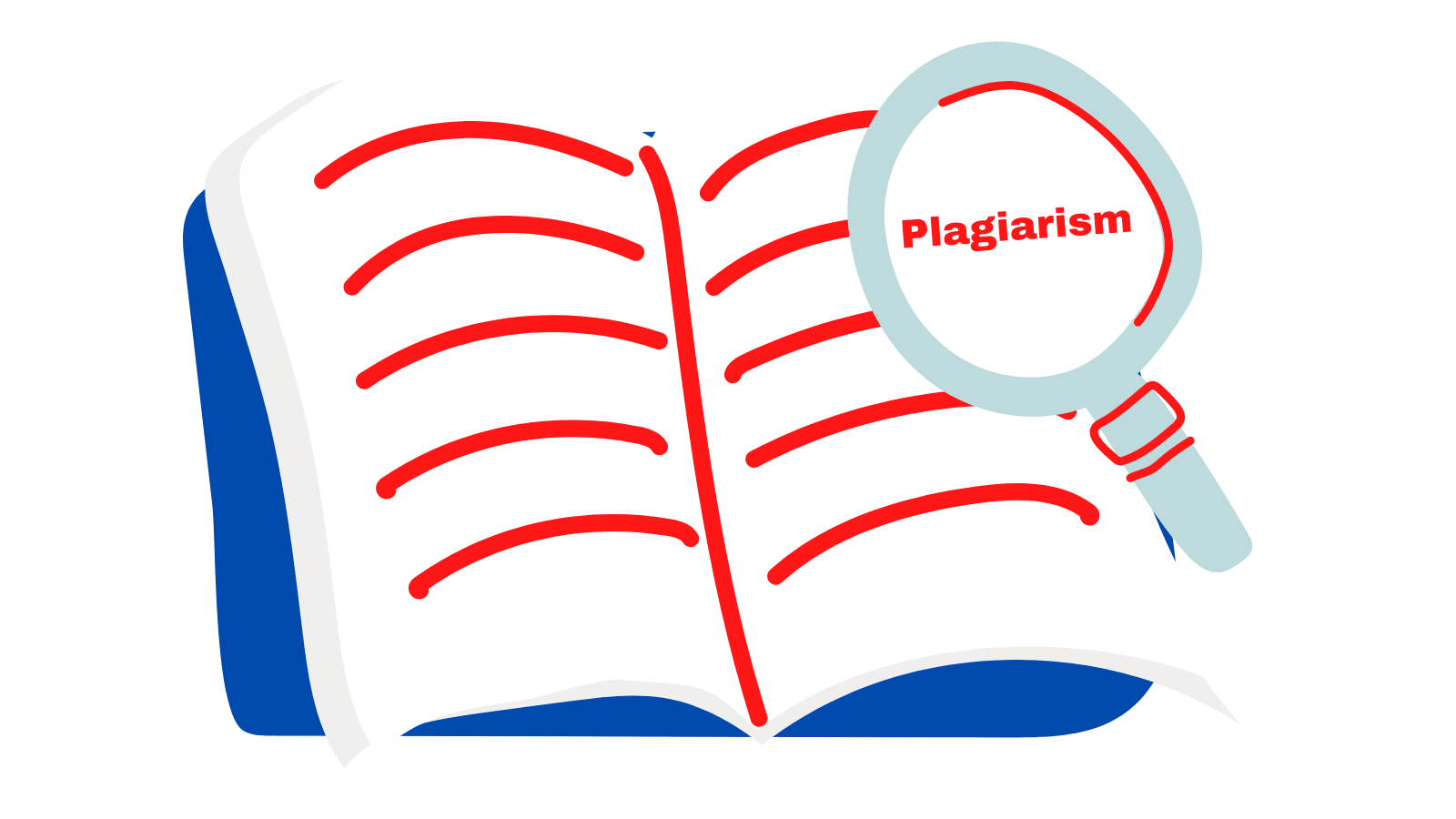 Illustration of a plagiarism lawyer concept showing a magnifying glass over a book highlighting plagiarism