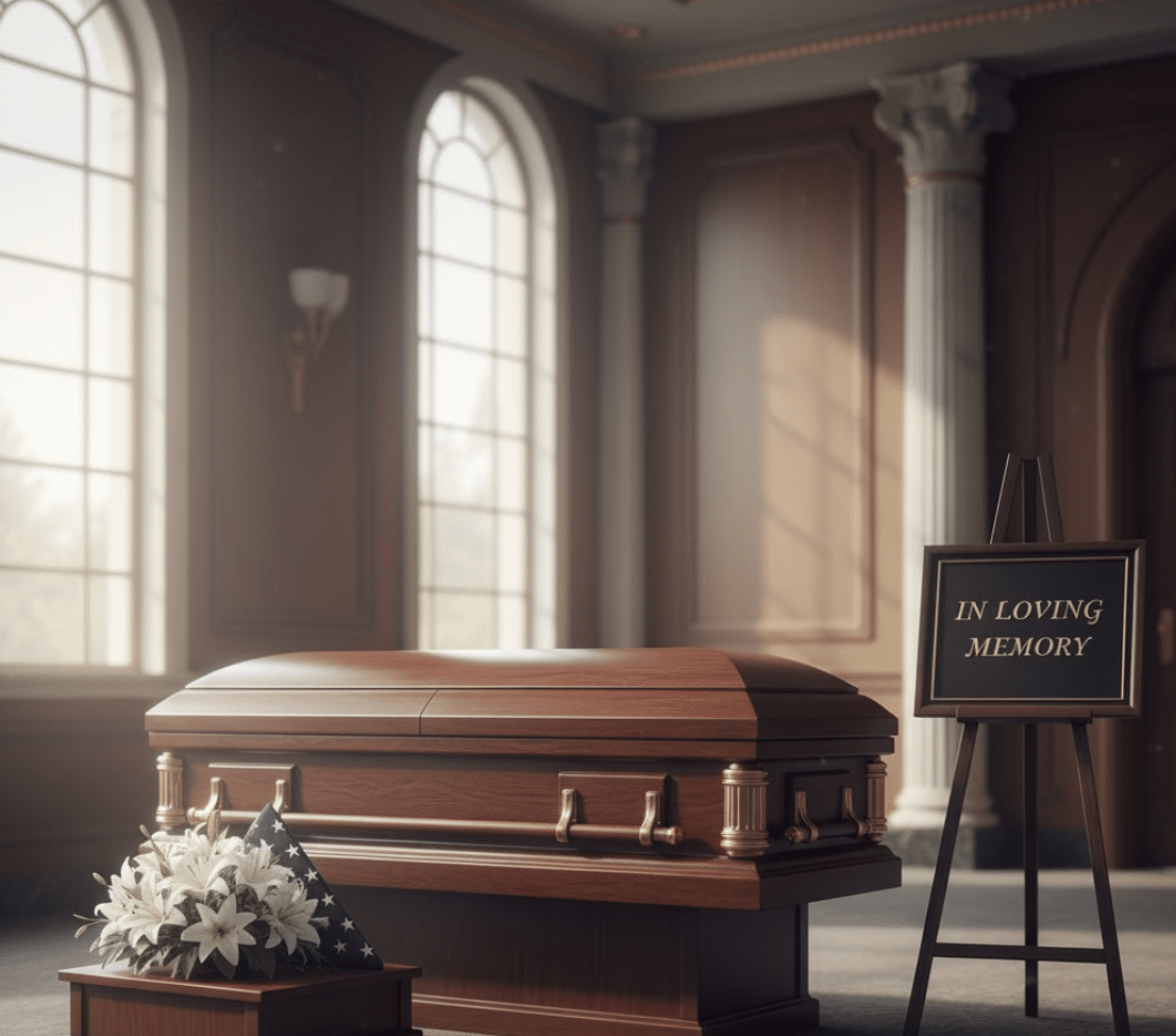 Funeral home lawsuit scene showing an elegant closed casket in a quiet chapel with soft light and an “In Loving Memory” sign, symbolizing dignity, accountability, and justice.