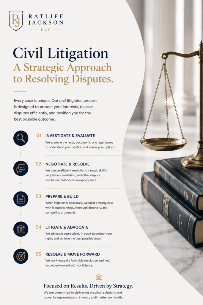 Civil litigation lawyers infographic showing how Ratliff Jackson LLP investigates, negotiates, prepares, litigates, and resolves business and contract disputes in New Jersey and Pennsylvania.