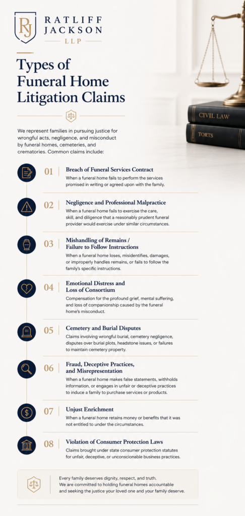 Funeral home lawsuits infographic explaining common claims involving negligence, mishandling of remains, burial disputes, breach of contract, fraud, and consumer protection violations our funeral home lawsuit lawyers handle