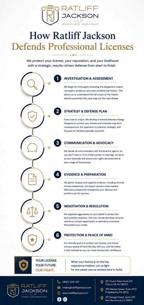 6-step professional license defense process: investigation, strategy, communication, evidence, negotiation, and protection by Ratliff Jackson LLP