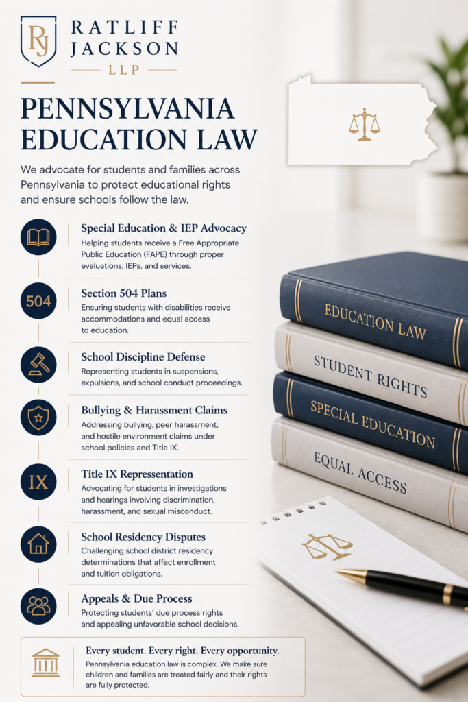 Pennsylvania education lawyers infographic explaining student rights, special education, IEPs, 504 Plans, school discipline, Title IX, bullying, and residency disputes.