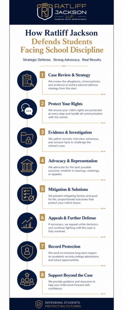 Student discipline defense process infographic by Ratliff Jackson LLP showing how attorneys defend students facing school disciplinary proceedings, suspensions, expulsions, and Title IX investigations.